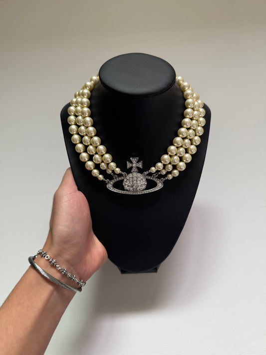 VW Triple Row Pearl Choker Silver Necklace Pre-owned